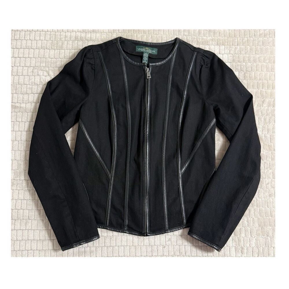 Lauren Jeans Co Black Faux Leather Trim Jacket Women Size 4 Zip Lightweight